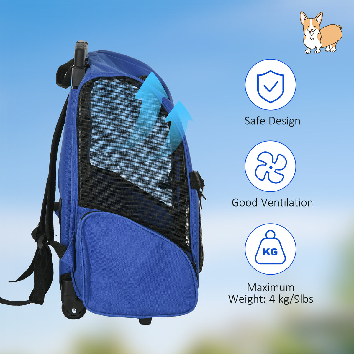 PawHut 2 in 1 Dog Backpack and Trolley, Pet Travel Backpack Cat Dog Carrier with Telescopic Handle, Portable Pet Stroller Wheel Luggage Bag (Blue)