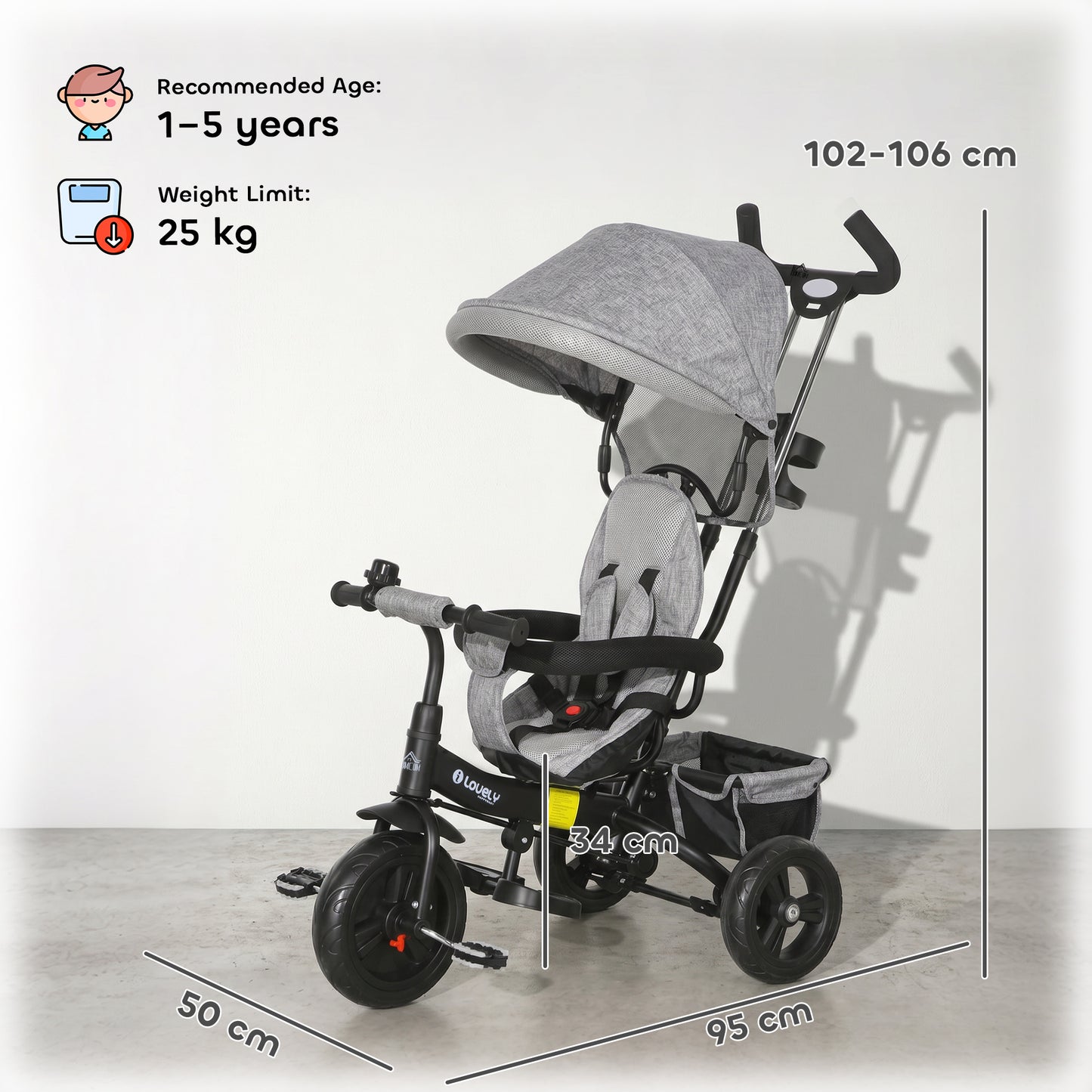 HOMCOM 6 in 1 Kids Trike Push Bike w/ Push Handle, Canopy, 5-point Seat Belt, Storage, Footrest, Brake, for 1-5 Years, Grey