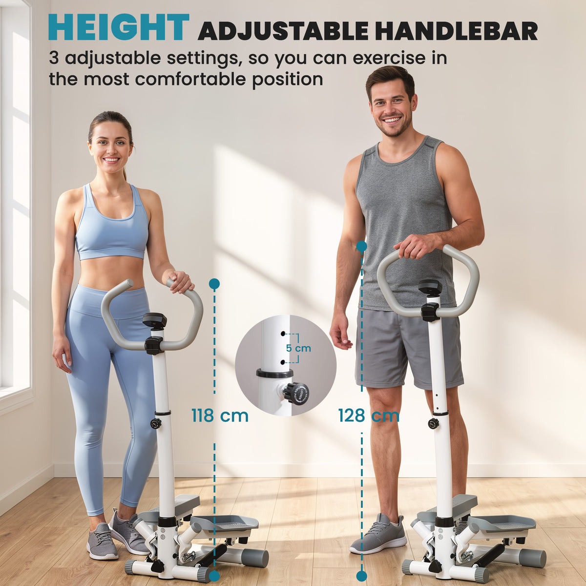 HOMCOM twist stepper with handlebar height settings of 118 cm and 128 cm