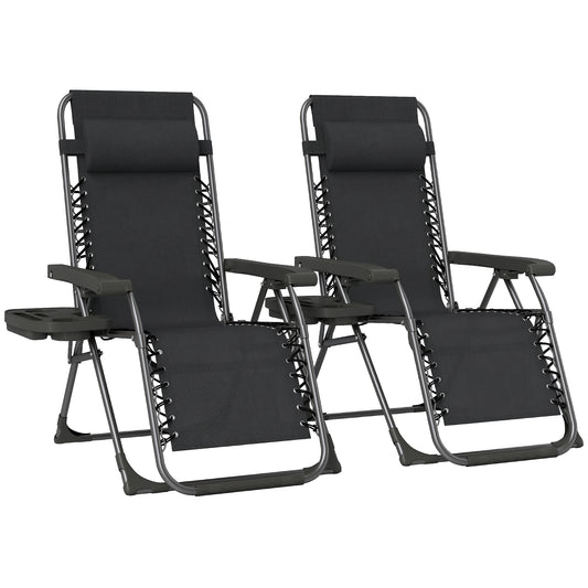 Photo of Outsunny Zero Gravity Chairs Set of 2, Folding Sunloungers Reclining Garden Chairs with Cup Holder, Headrest, Black in Black colour on a white background