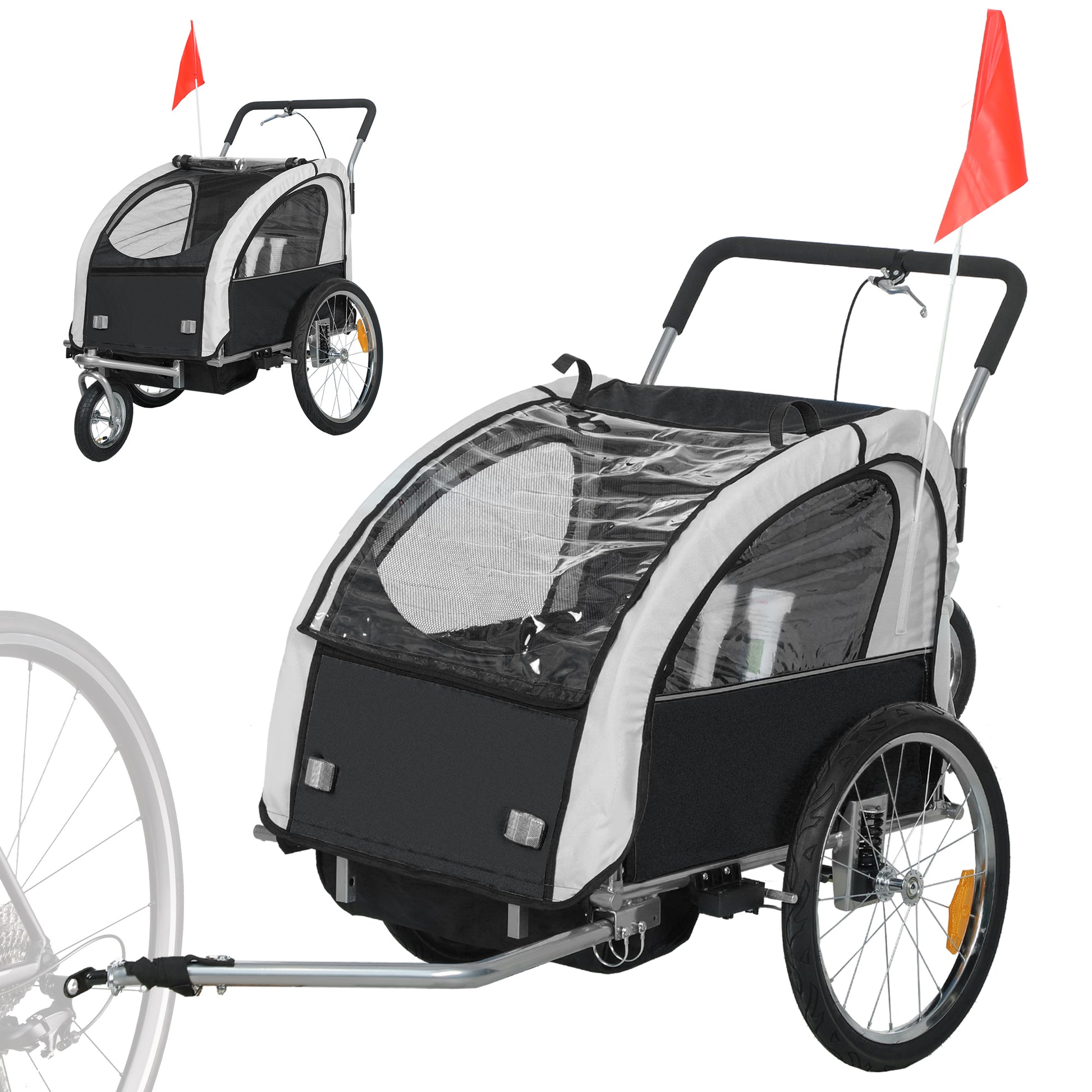 Photo of HOMCOM 2 Seat Bike Trailer with 5 Point Harness, Baby Bike Stroller with Safety Flag, Reflectors, for 18+ Months, Black in Black colour on a white background