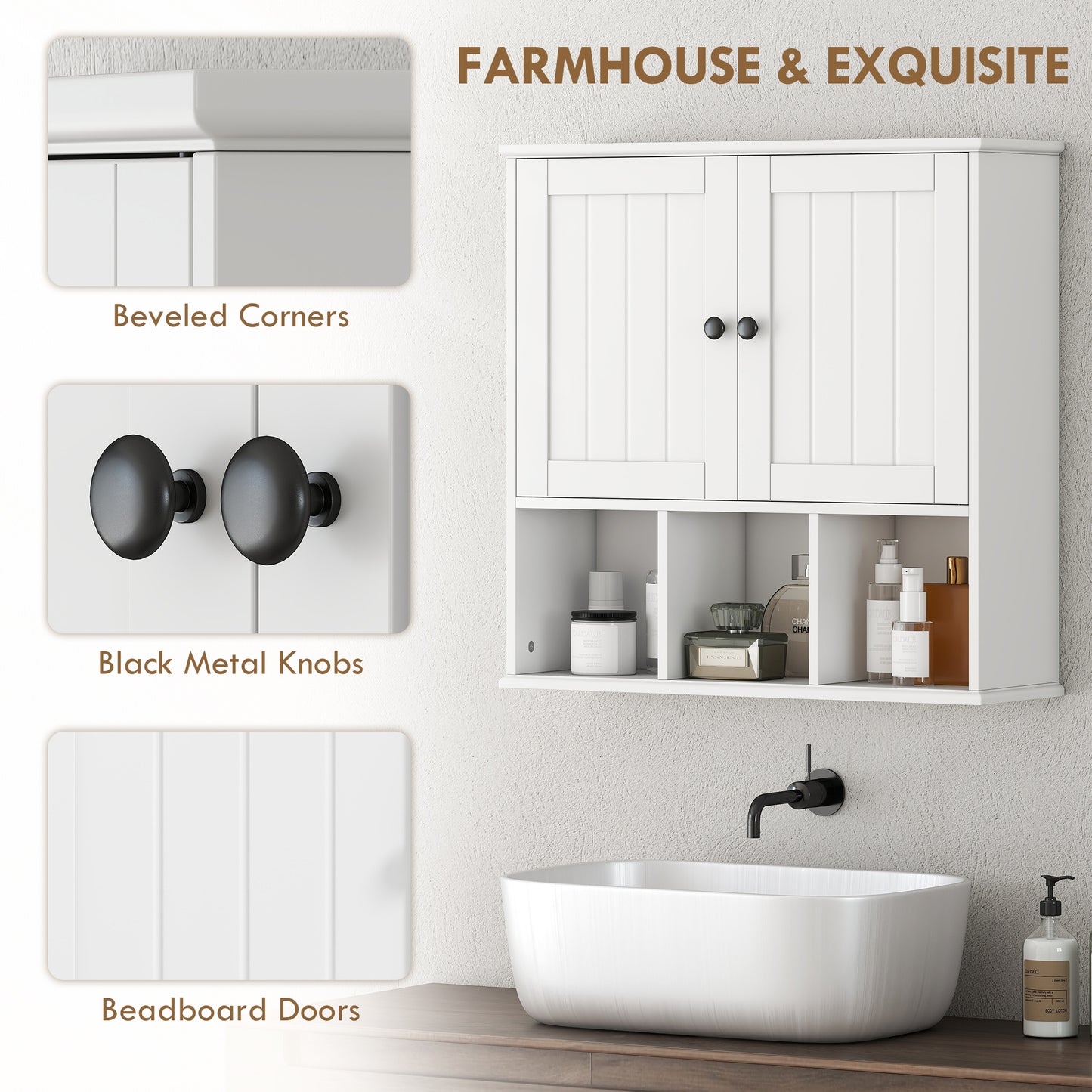 HOMCOM Farmhouse Bathroom Wall Cabinet, Wall Mounted Medicine Cabinet with Adjustable Shelf, Open Compartments, White