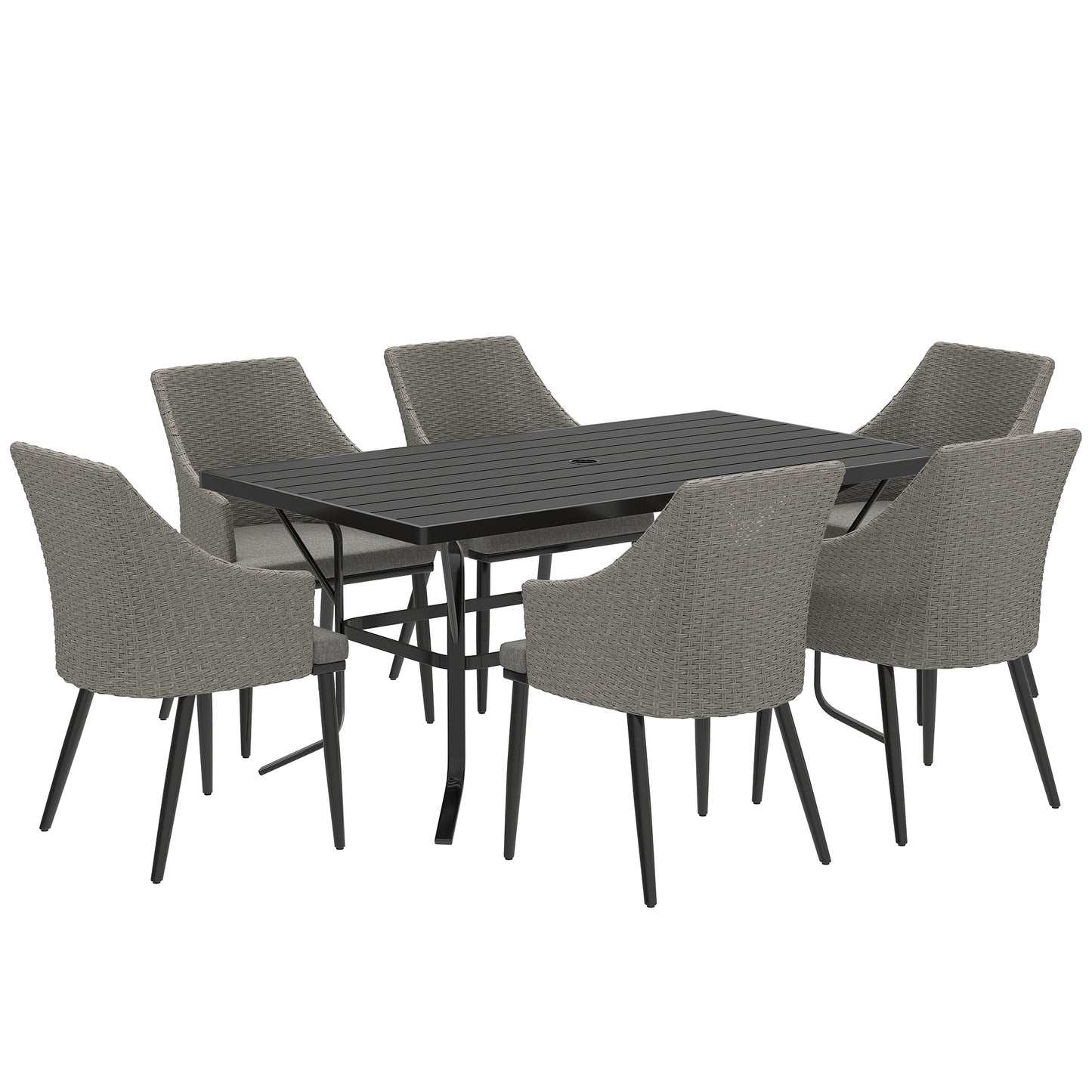 Photo of Outsunny 6 Seater Rattan Dining Set with Cushions, Garden Furniture Set with Armchairs, Rectangle Slatted Table Top, Steel Frame, Parasol Hole, Wicker Outdoor Furniture for Patio, Balcony, Grey in Grey colour on a white background