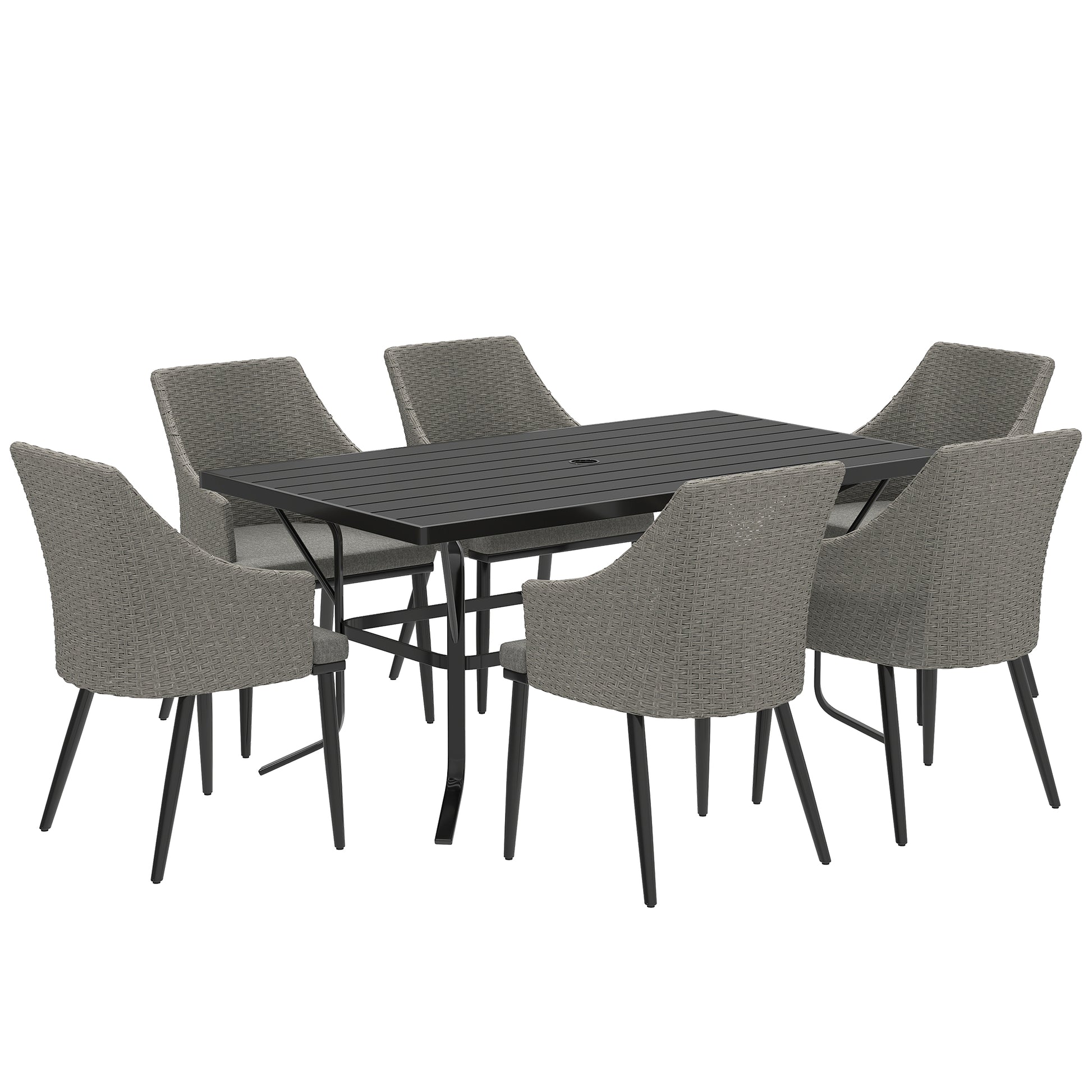 Photo of Outsunny 6 Seater Rattan Dining Set with Cushions, Garden Furniture Set with Armchairs, Rectangle Slatted Table Top, Steel Frame, Parasol Hole, Wicker Outdoor Furniture for Patio, Balcony, Grey in Grey colour on a white background