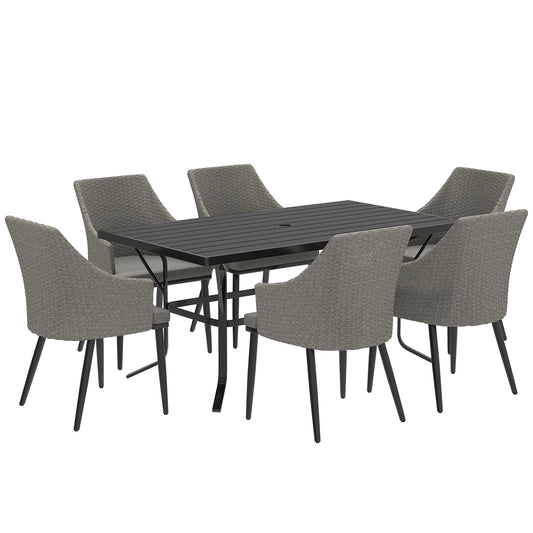 Photo of Outsunny 6 Seater Rattan Dining Set with Cushions, Garden Furniture Set with Armchairs, Rectangle Slatted Table Top, Steel Frame, Parasol Hole, Wicker Outdoor Furniture for Patio, Balcony, Grey in Grey colour on a white background