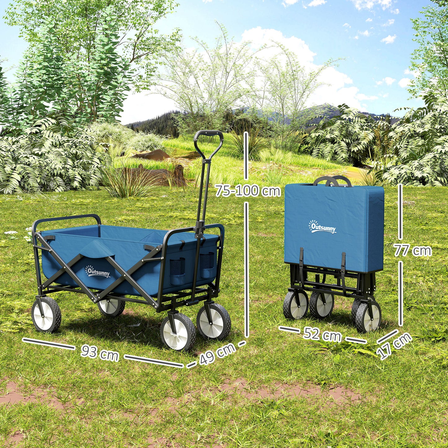 Outsunny 135L Festival Trolley on Wheels, Folding Wagon Camping Trolley Cart with Adjustable Handle, Dual Brakes, Portable Wagon Cart for Outdoor, Garden, Shopping, Fishing, Navy Blue