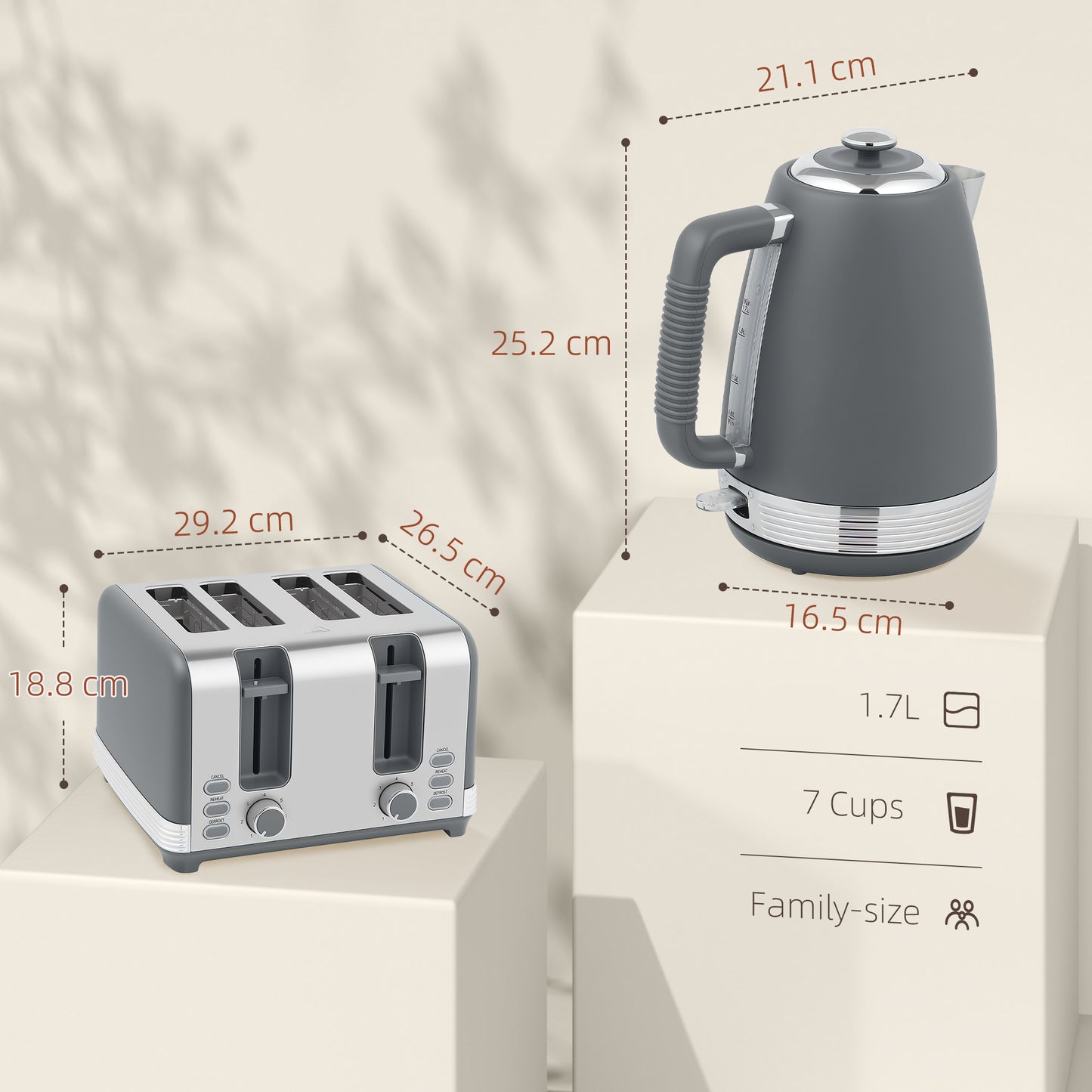 HOMCOM Stainless Steel Panel Kettle and Toaster Set - Grey