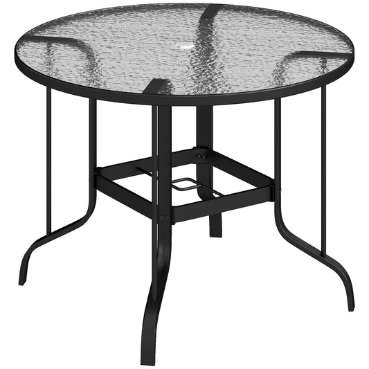 Photo of Outsunny Tempered Glass Top Round Outdoor Dining Table with Parasol Hole, 96.5 x 96.5 x 71 cm in cm colour on a white background