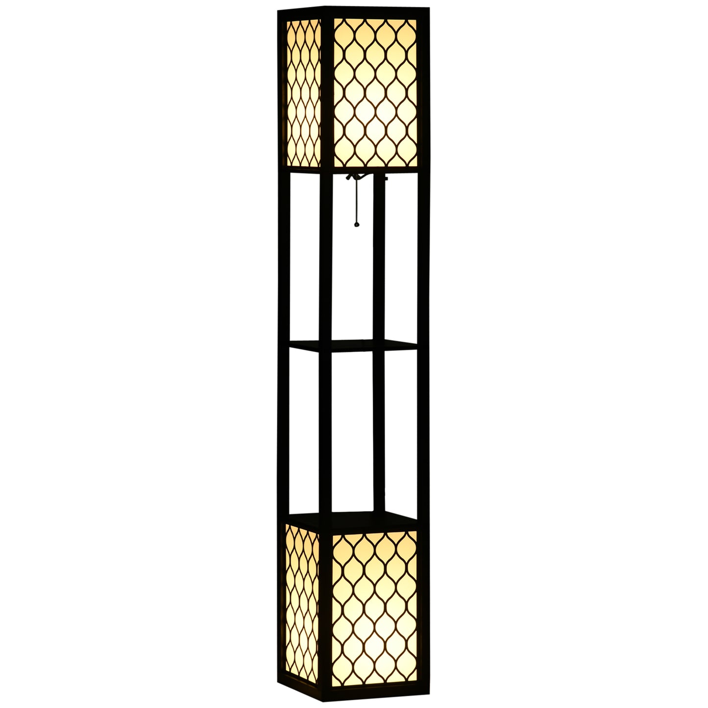Photo of HOMCOM Floor Lamp with Shelves, Modern Tall Standing Lamps with Fabric Lampshade, Chain Switch and Dual Light for Living Room, Bedroom, Bulb not Included, Black in Black colour on a white background