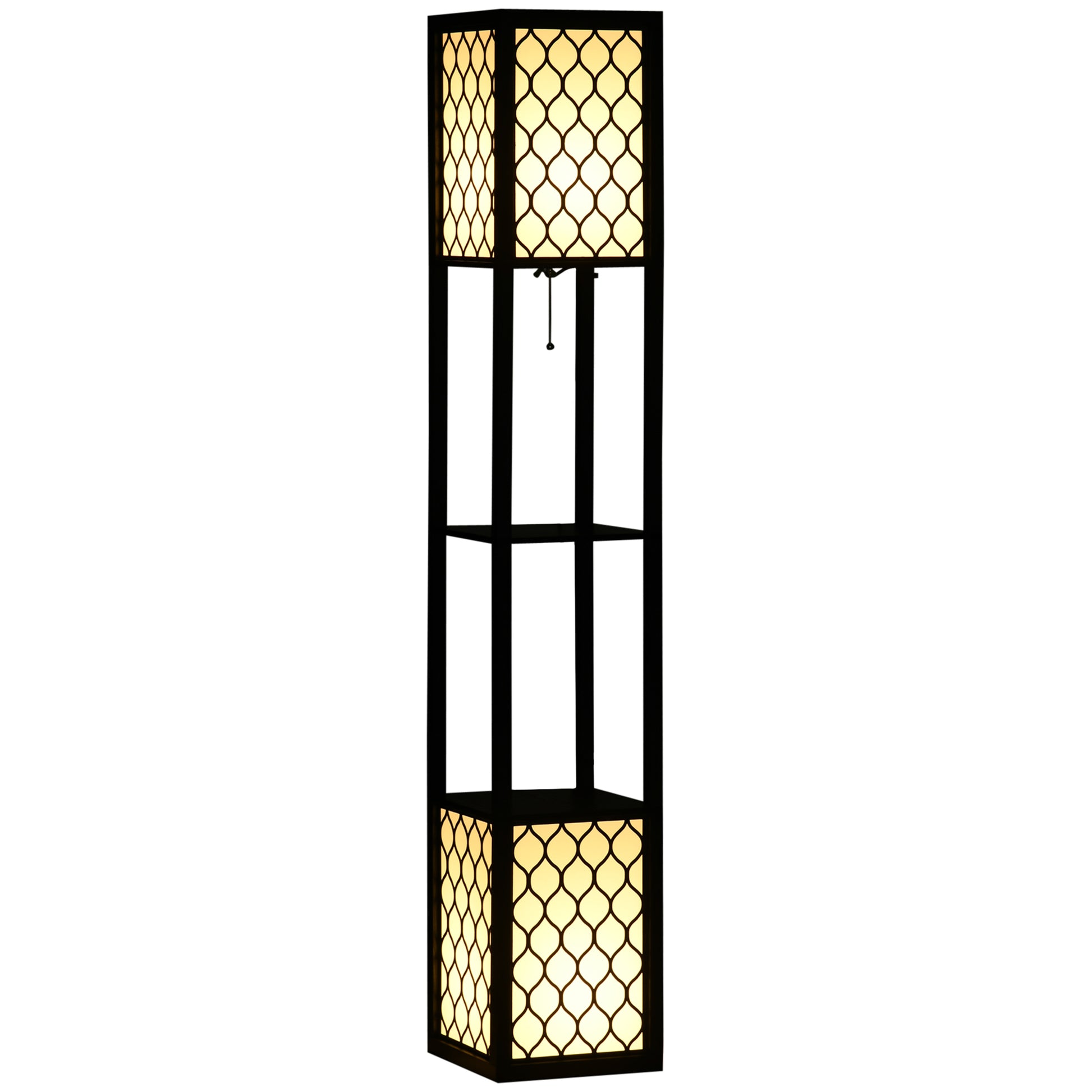 Photo of HOMCOM Floor Lamp with Shelves, Modern Tall Standing Lamps with Fabric Lampshade, Chain Switch and Dual Light for Living Room, Bedroom, Bulb not Included, Black in Black colour on a white background
