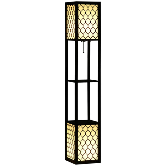 Photo of HOMCOM Floor Lamp with Shelves, Modern Tall Standing Lamps with Fabric Lampshade, Chain Switch and Dual Light for Living Room, Bedroom, Bulb not Included, Black in Black colour on a white background