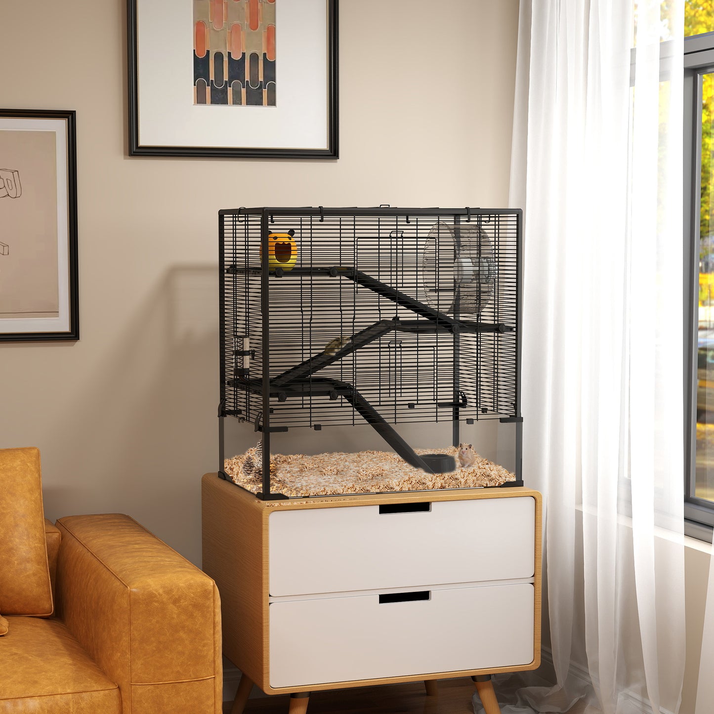 PawHut Four-Tier Hamster Cage with Deep Tempered Glass Bottom, Hut, Running Wheel, Food Dish, Water Bottle, 78.5 x 48.5 x 80cm