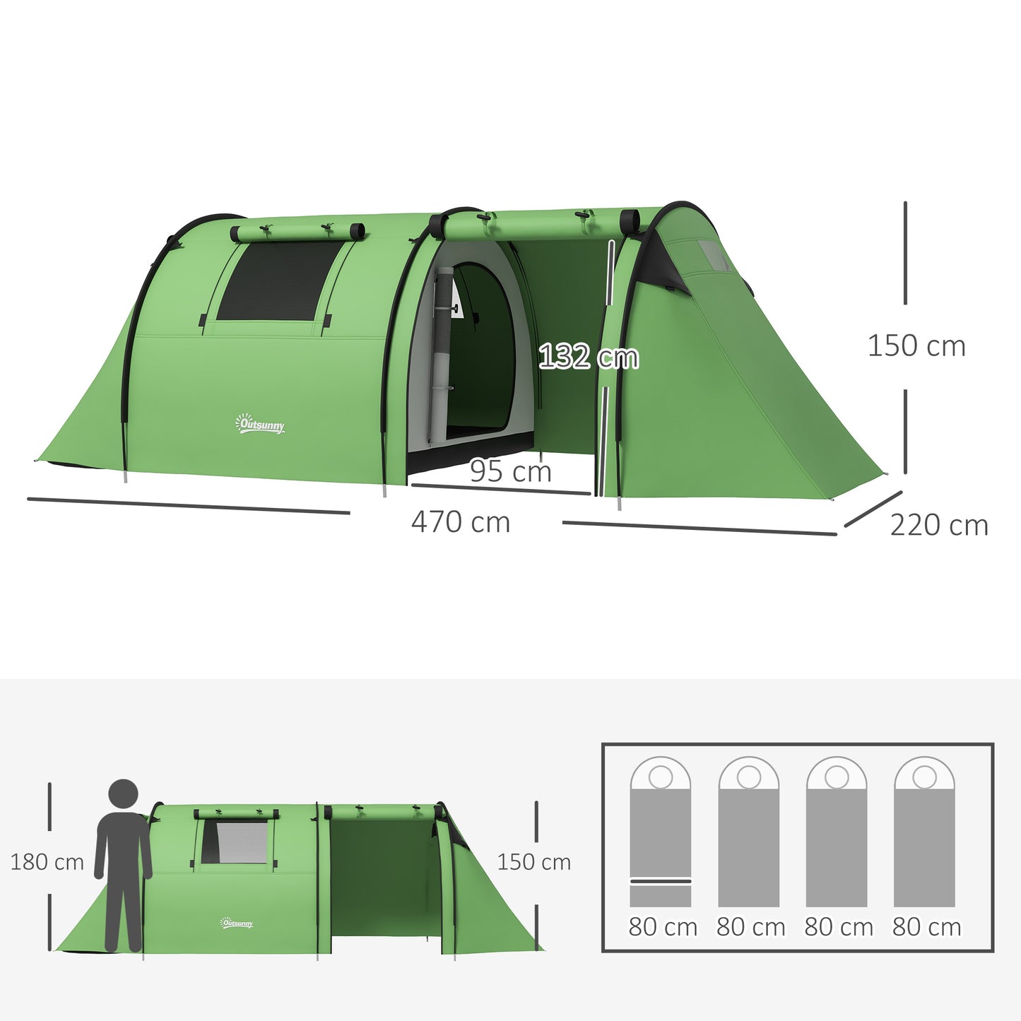 Outsunny Four Man Duo Room Tunnel Tent, with Accessories - Green