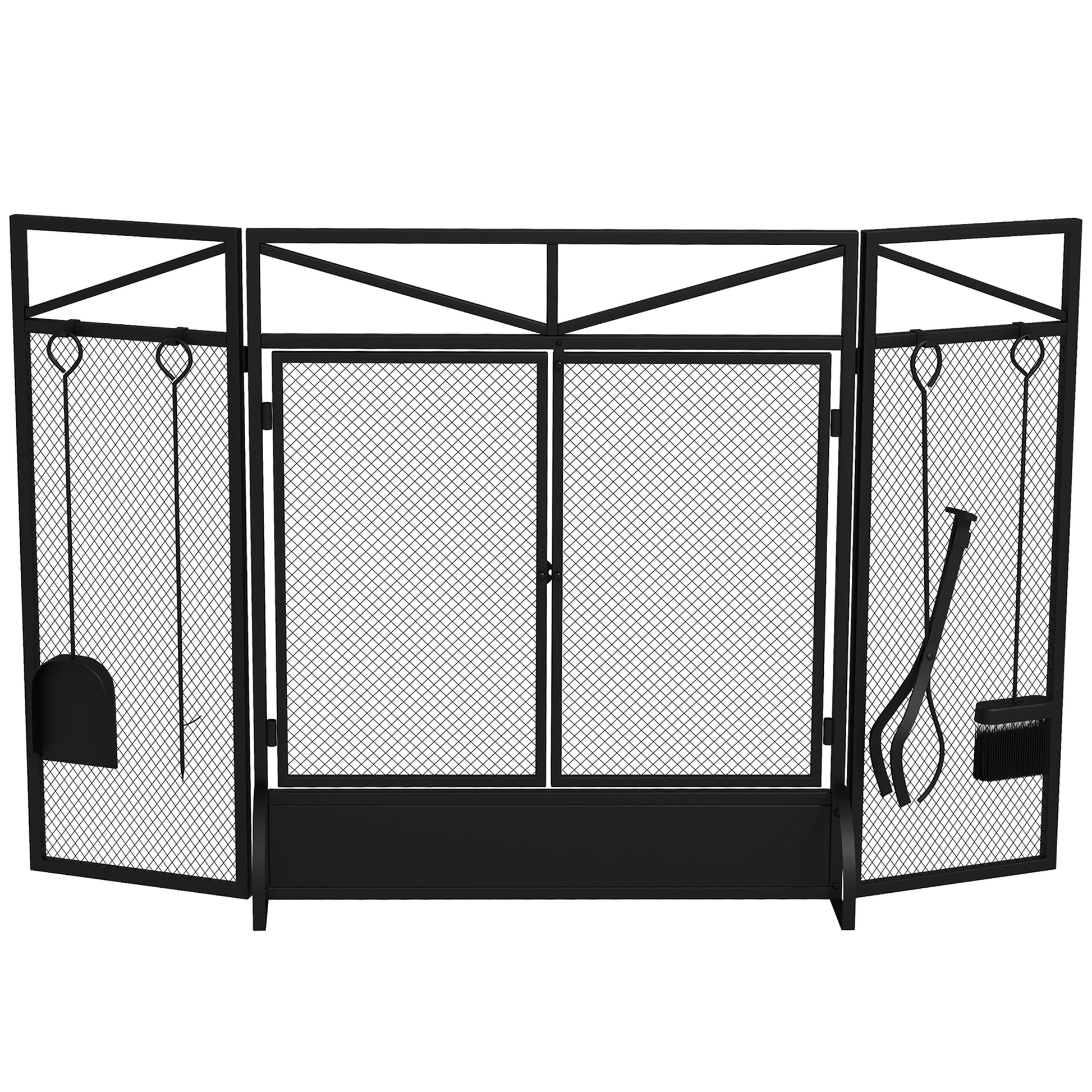 Photo of HOMCOM 3 Panel Folding Fire Guard Screen with Fireplace Tool Sets and Front Doors, Freestanding Fire Screen Spark Guard with Feet for Open Fire, Log Burner, Fireplace, 122 x77 cm, Black in Black colour on a white background