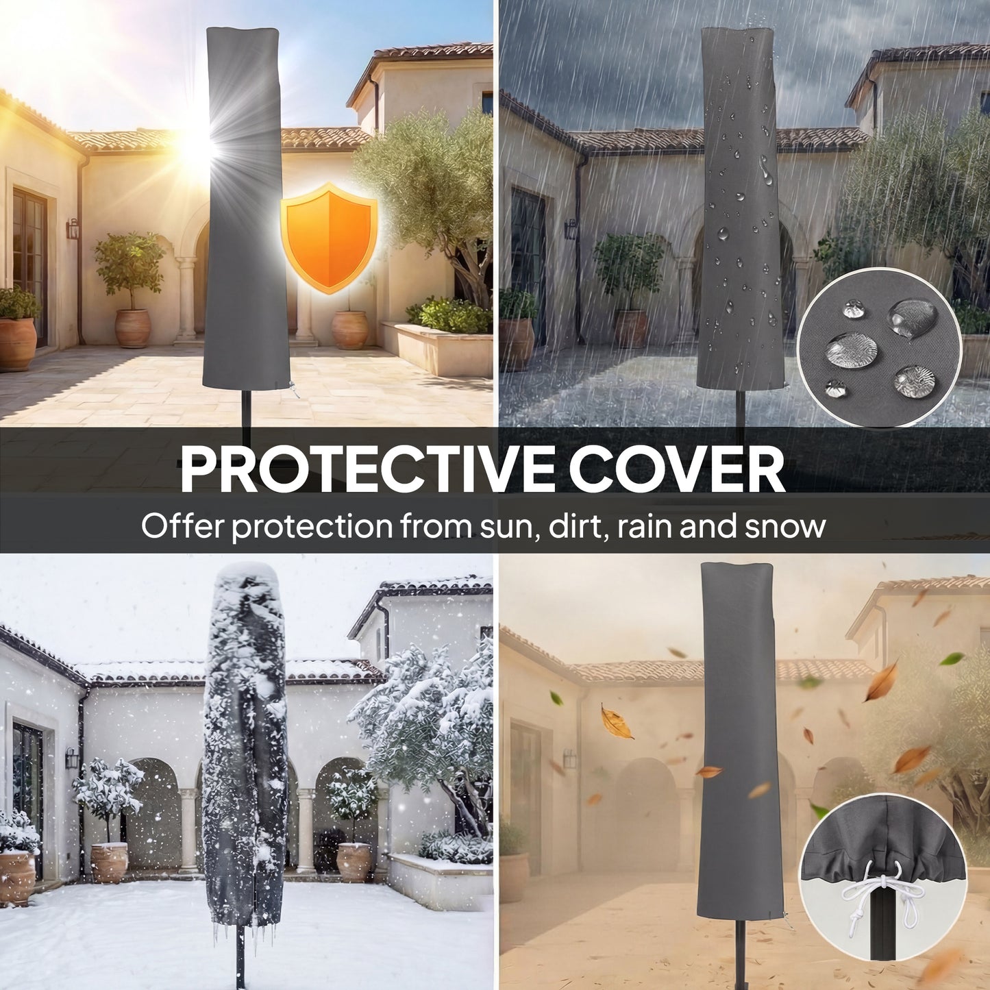 Outsunny 3 x 3 m Garden Cantilever Parasol w/ Light, Cover, UPF50+ Patio Umbrella w/ Wind Protection, 360° Rotation, Dark Grey