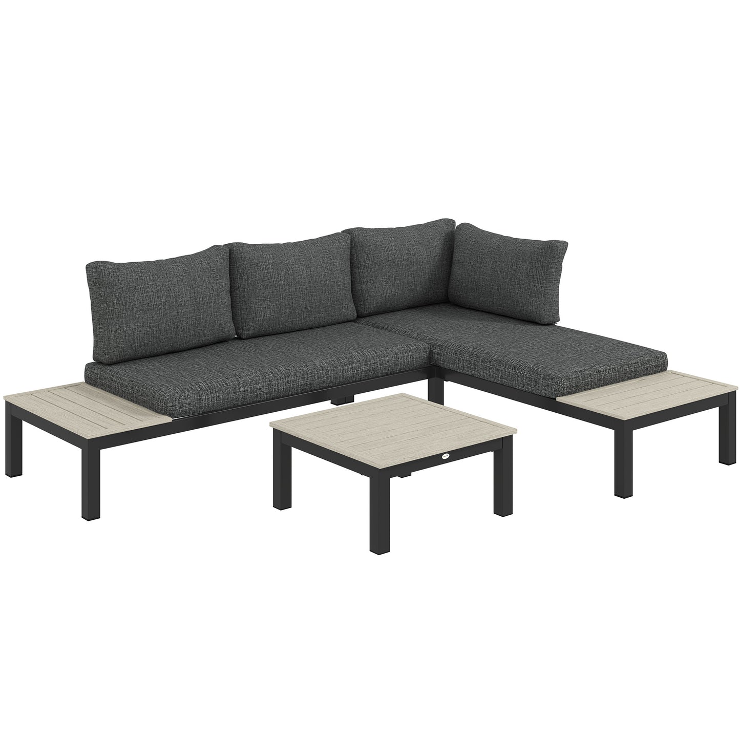 Photo of Outsunny 3 Pieces Garden Furniture Set, Aluminium 4 Seater Corner Sofa Set with 2 Loveseats, Coffee Table and Side Trays, Outdoor Conversation Furniture with Cushions for Garden, Dark Grey in Grey colour on a white background