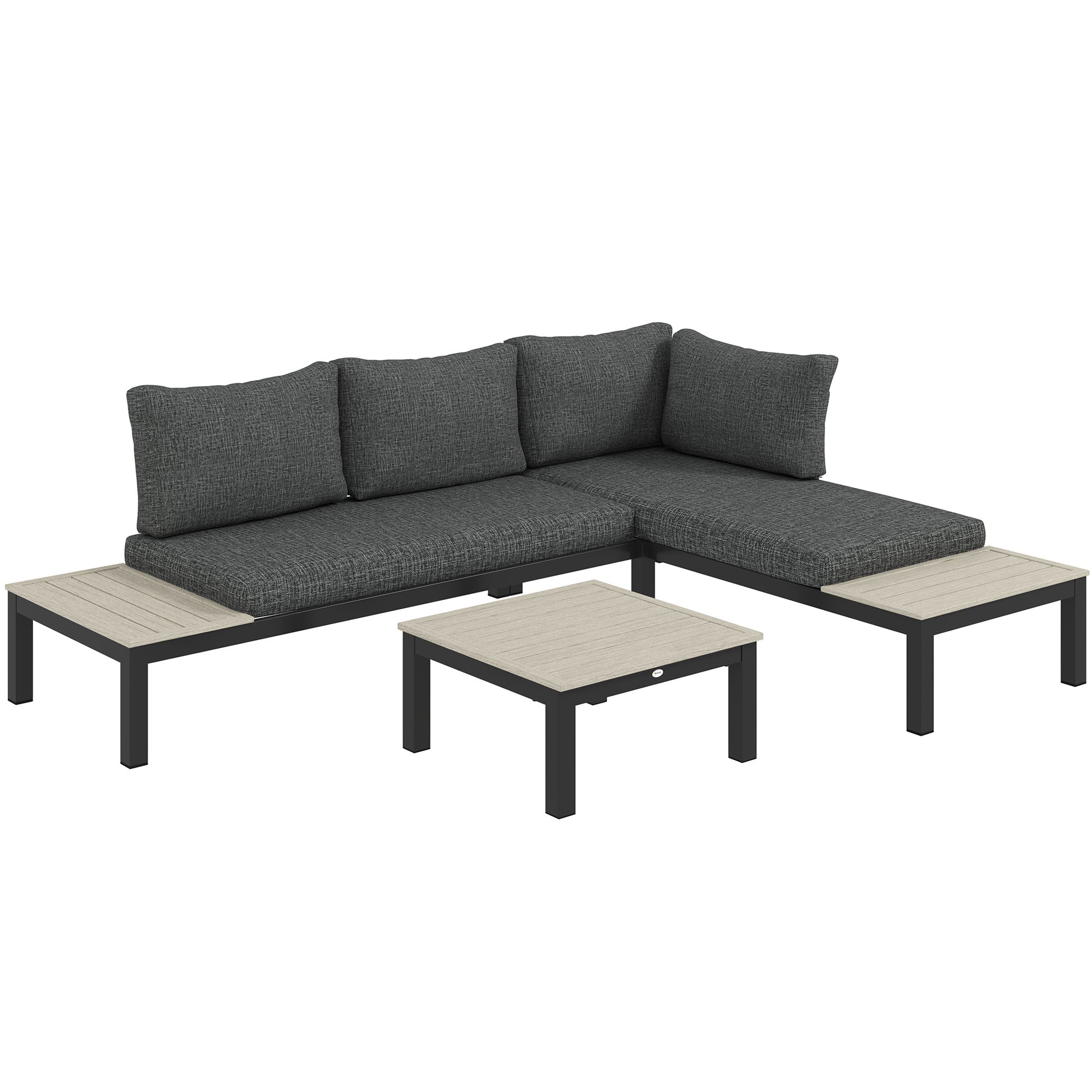 Photo of Outsunny 3 Pieces Garden Furniture Set, Aluminium 4 Seater Corner Sofa Set with 2 Loveseats, Coffee Table and Side Trays, Outdoor Conversation Furniture with Cushions for Garden, Dark Grey in Grey colour on a white background