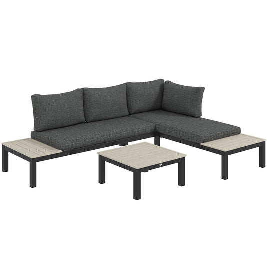 Photo of Outsunny 3 Pieces Garden Furniture Set, Aluminium 4 Seater Corner Sofa Set with 2 Loveseats, Coffee Table and Side Trays, Outdoor Conversation Furniture with Cushions for Garden, Dark Grey in Grey colour on a white background