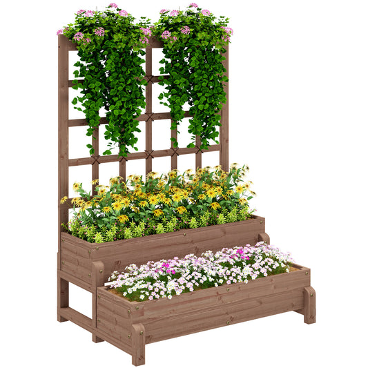 Photo of Outsunny 2-Tier Raised Garden Bed with Trellis, Wooden Elevated Planter Box with Drainage Holes, Outdoor Raised Planter for Climbing Plants, Fruits, Vegetables, Flowers, Brown in Brown colour on a white background