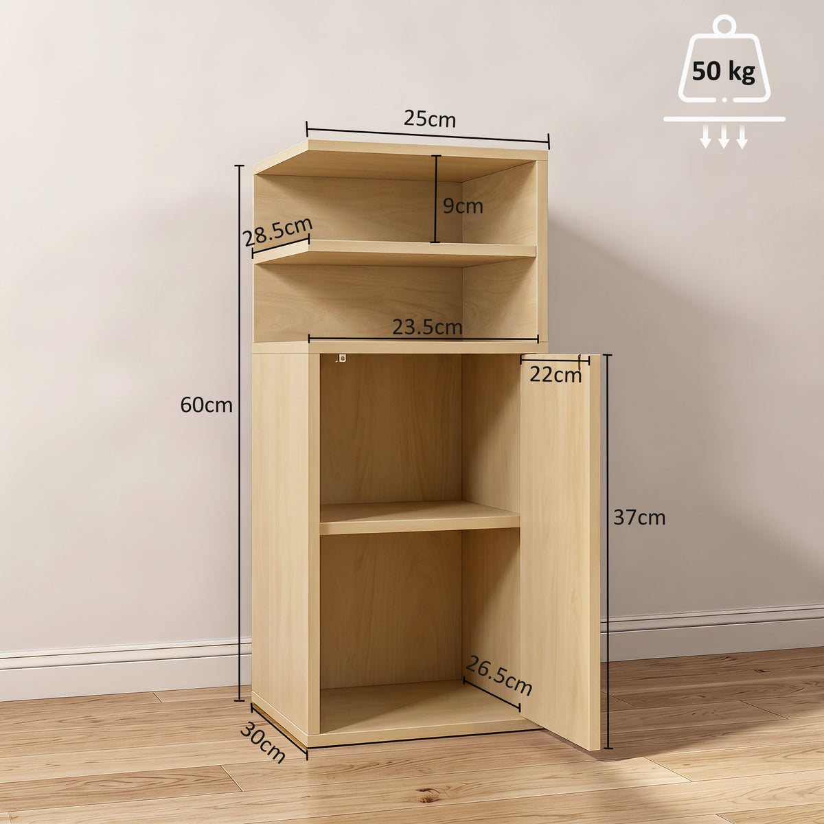 HOMCOM Slim Bedside Table Set of 2, Narrow Bedside Cabinet with Open Cubbies and Cupboard for Bedroom Living Room, Oak