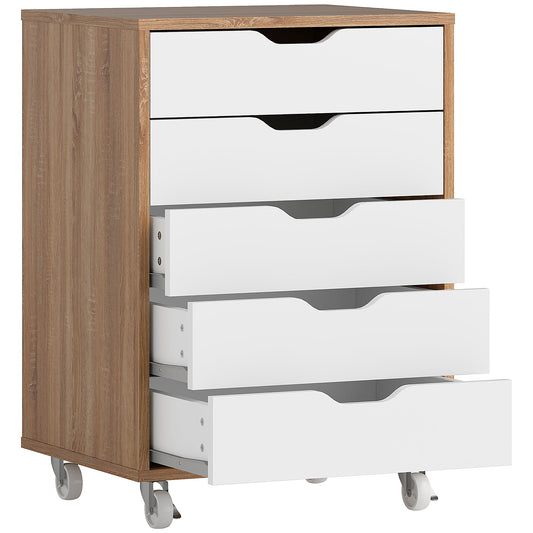 Photo of Vinsetto Five-Drawer Filing Cabinet, with Wheels - Oak Brown in Brown colour on a white background