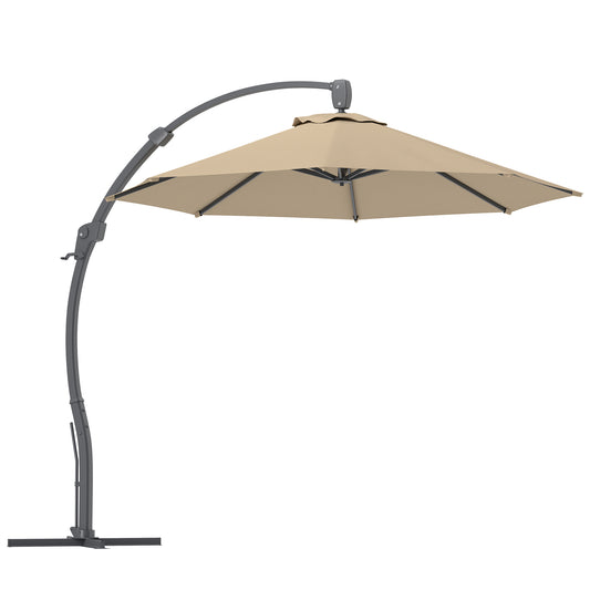 Photo of Outsunny 3(m) Garden Cantilever Parasol, Round Overhanging Umbrella with Crank Handle, Cross Base, Aluminium Frame and 360° Rotation, Banana Patio Umbrella for Outdoor Sun Shade, Khaki in Khaki colour on a white background