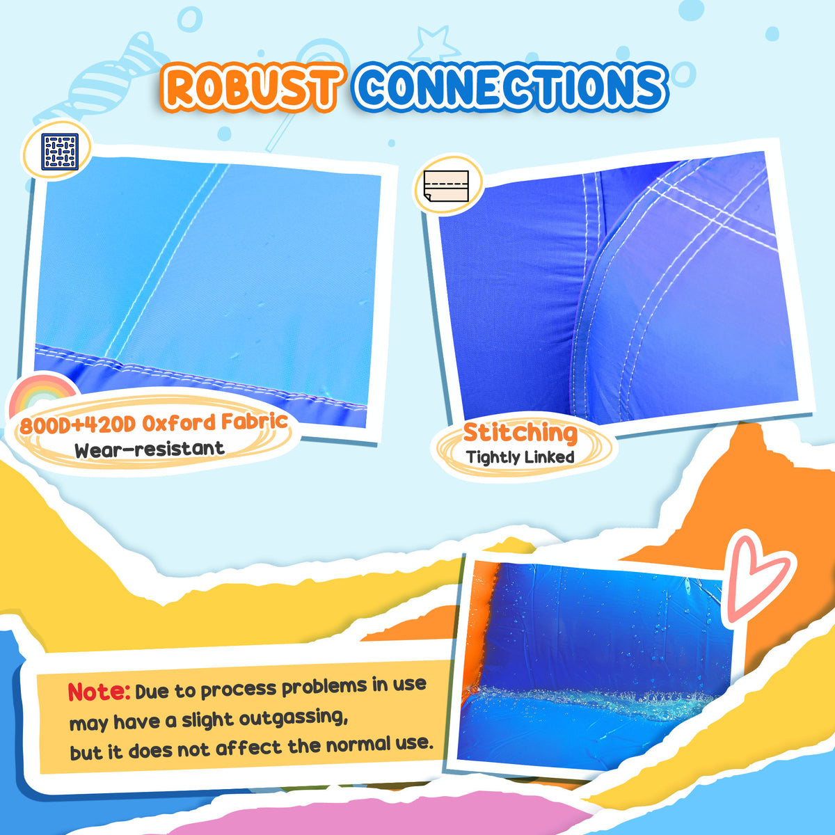 Close-up of blue inflatable bounce house fabric and reinforced stitching