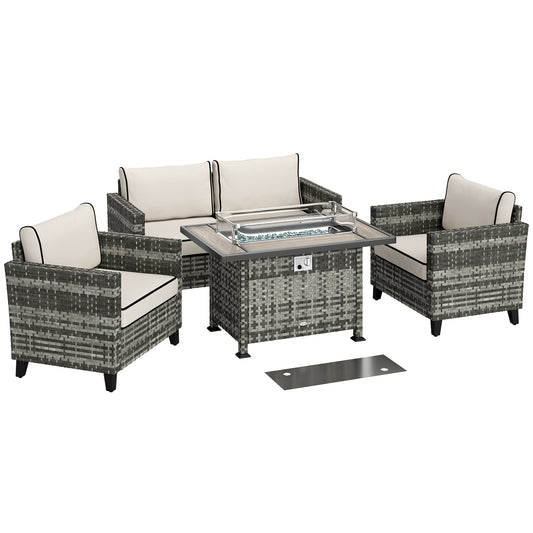 Photo of Outsunny 5-Piece Rattan Patio Furniture Set with Gas Fire Pit Table, Loveseat Sofa, Armchairs, Cushions, Pillows, Grey in Grey colour on a white background