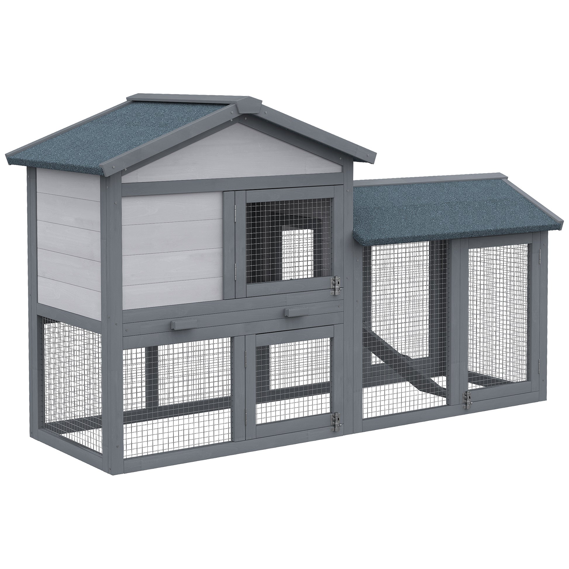 Photo of PawHut Wooden Rabbit Hutch Outdoor, Double Tier with Water-Resistant Roof, Ramp 147 x 54 x 84 cm, Grey in Grey colour on a white background
