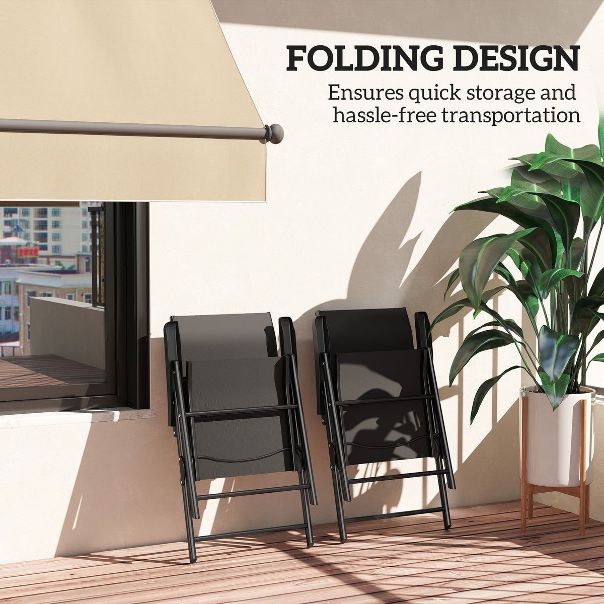 Two black folding chairs folded for compact storage