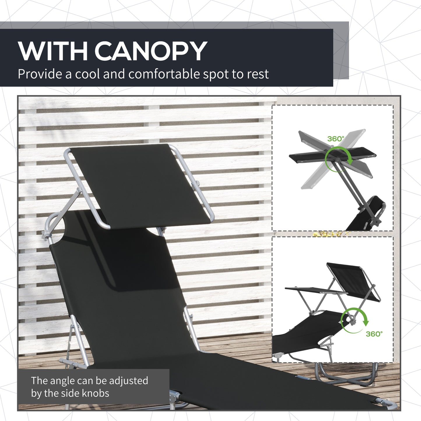 Outsunny Outdoor Foldable Sun Lounger, 4 Level Adjustable Backrest Reclining Sun Lounger Chair with Angle Adjust Sun Shade Awning for Beach, Garden, Patio, Black