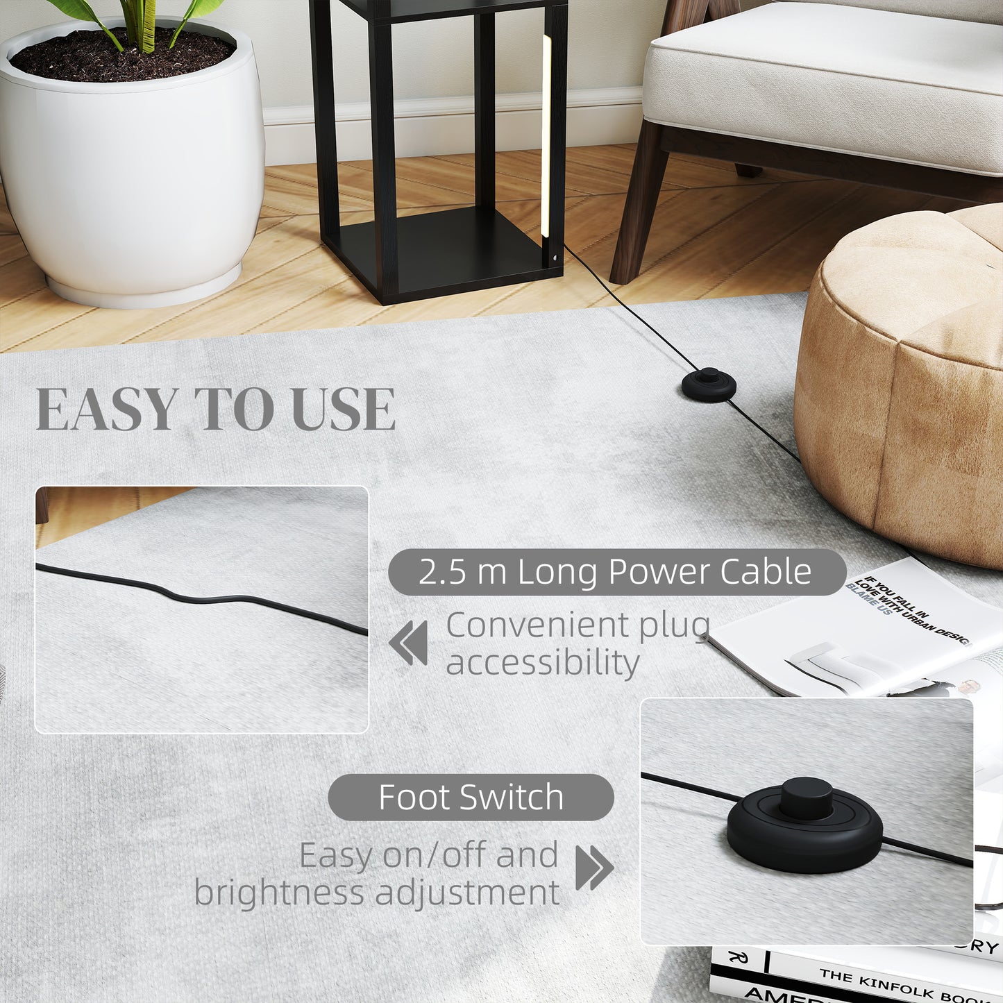 HOMCOM LED Floor Lamp with Shelves, Modern Dimmable Standing Lamp with 3 Brightness Levels and Foot Switch for Living Room, Bedroom, Office, Black
