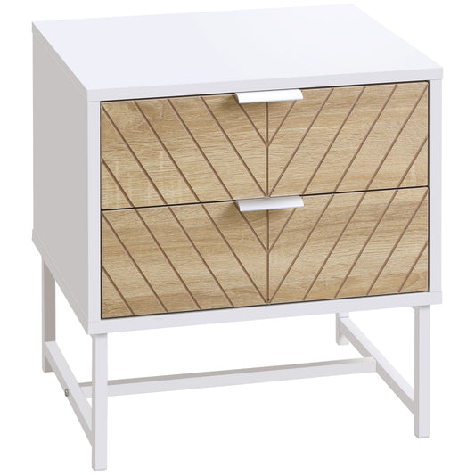 Photo of HOMCOM Modern Bedside Table with 2 Drawers and Metal Frame, Sofa Side Table for Bedroom Living Room, White and Oak in Oak colour on a white background