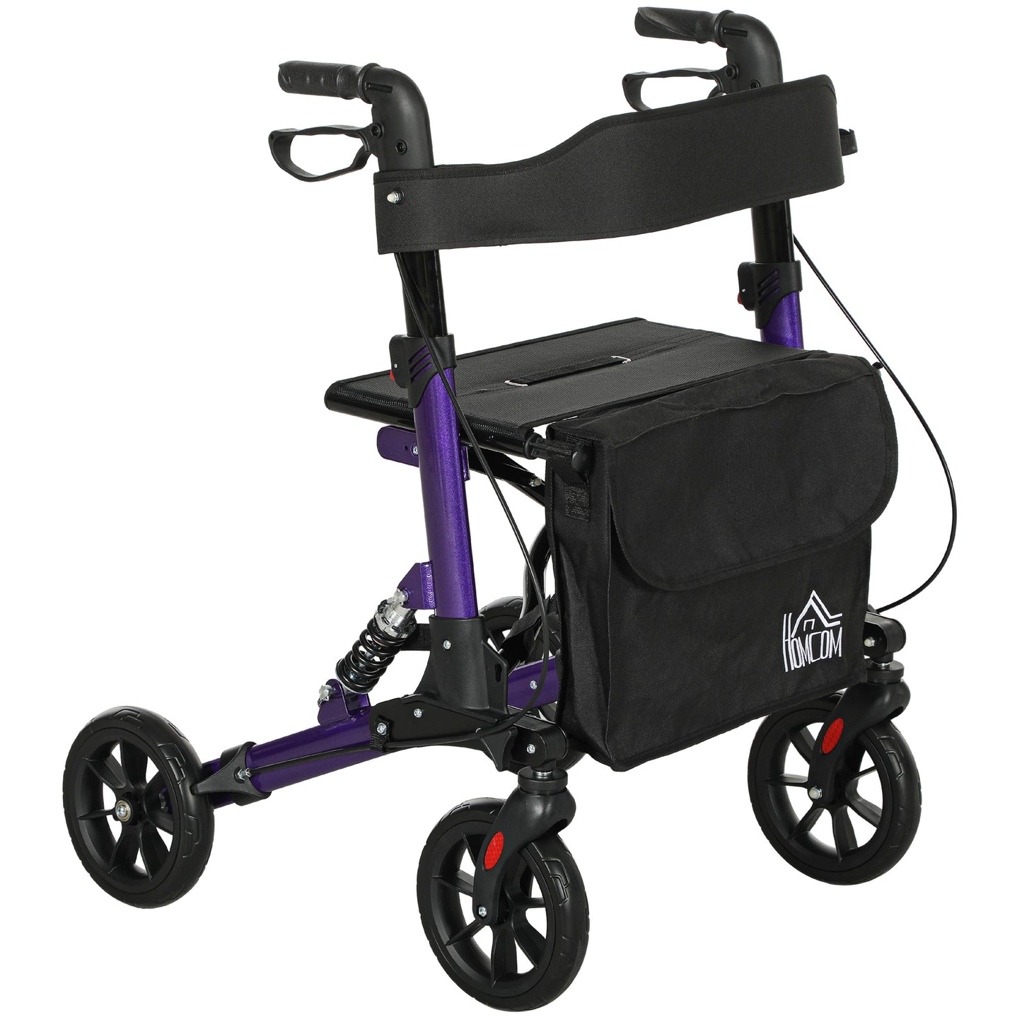 Photo of HOMCOM Folding Rollator Walker with Seat, Backrest, Lightweight Walking Frame with Storage Bag, Dual Brakes, Adjustable Handle Height, Suspension System, 4 Wheeled Walker for Seniors, Purple in Purple colour on a white background