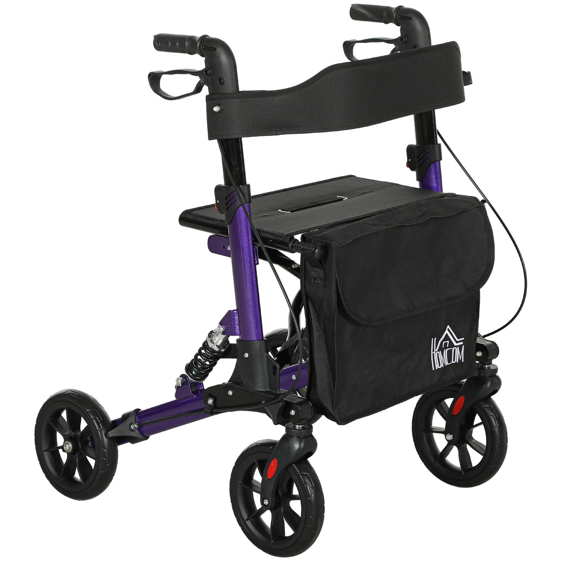 Photo of HOMCOM Folding Rollator Walker with Seat, Backrest, Lightweight Walking Frame with Storage Bag, Dual Brakes, Adjustable Handle Height, Suspension System, 4 Wheeled Walker for Seniors, Purple in Purple colour on a white background