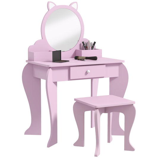 Photo of ZONEKIZ Kids Vanity Table with Mirror, Stool, Drawer, Storage Boxes, Cat Design, for Ages 3-6 Years - Pink in Pink colour on a white background