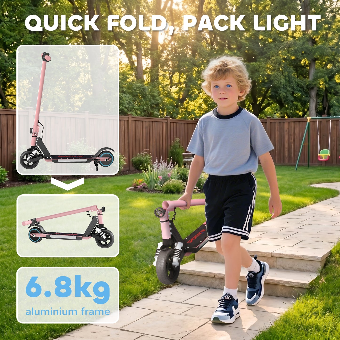 SPORTNOW Folding Electric Scooter for Kids, with Dual Brakes, Front Suspension, LED Colourful Lights, Pink