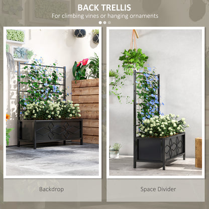 Black raised planter bed with trellis shown supporting climbing plants