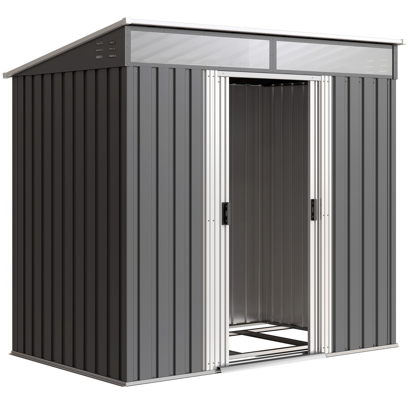 Photo of Outsunny 6.5 x 4FT Galvanised Metal Shed with Foundation Kit, Lockable Tool Garden Shed with Double Sliding Doors, Vents, Grey in Grey colour on a white background