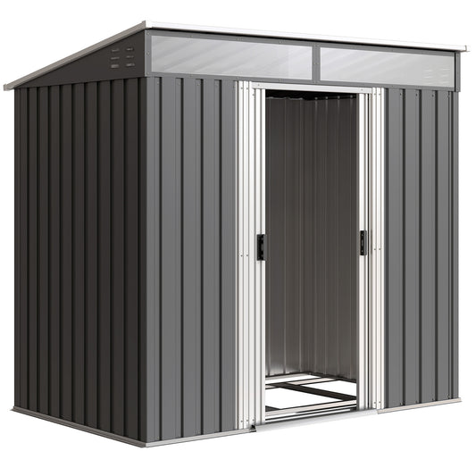 Photo of Outsunny 6.5 x 4FT Galvanised Metal Shed with Foundation Kit, Lockable Tool Garden Shed with Double Sliding Doors, Vents, Grey in Grey colour on a white background