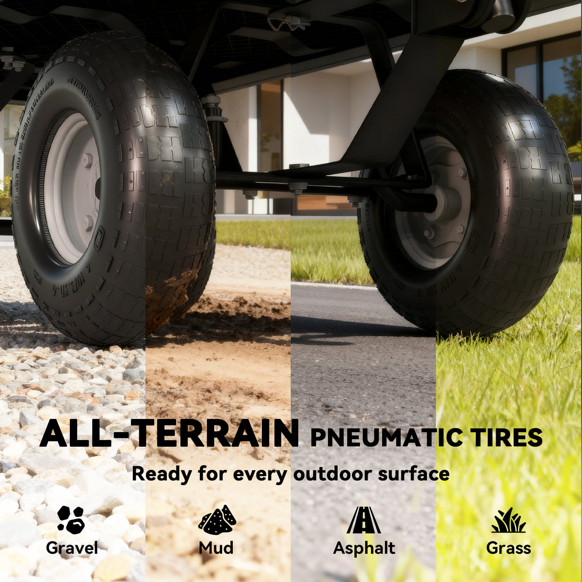 Close-up of the garden cart's thick pneumatic tires and undercarriage