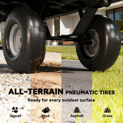 Close-up of the garden cart's thick pneumatic tires and undercarriage