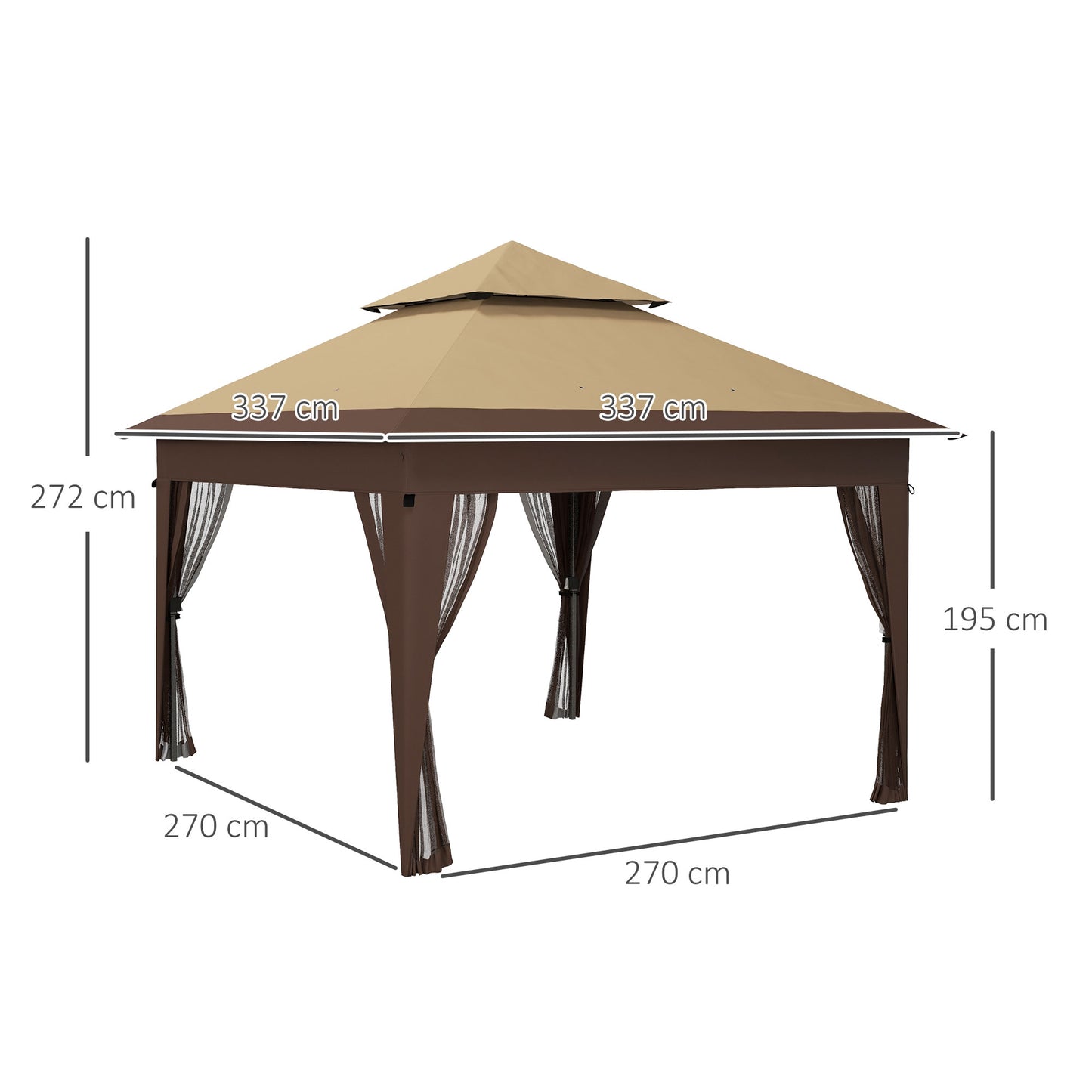 Outsunny 3 x 3(m) Pop Up Gazebo with Mosquito Netting, Easy Setup Marquee Party Tent with 1-Button Push, Double Roof, Carry Bag, Sandbags, Height Adjustable Instant Shelter, Khaki