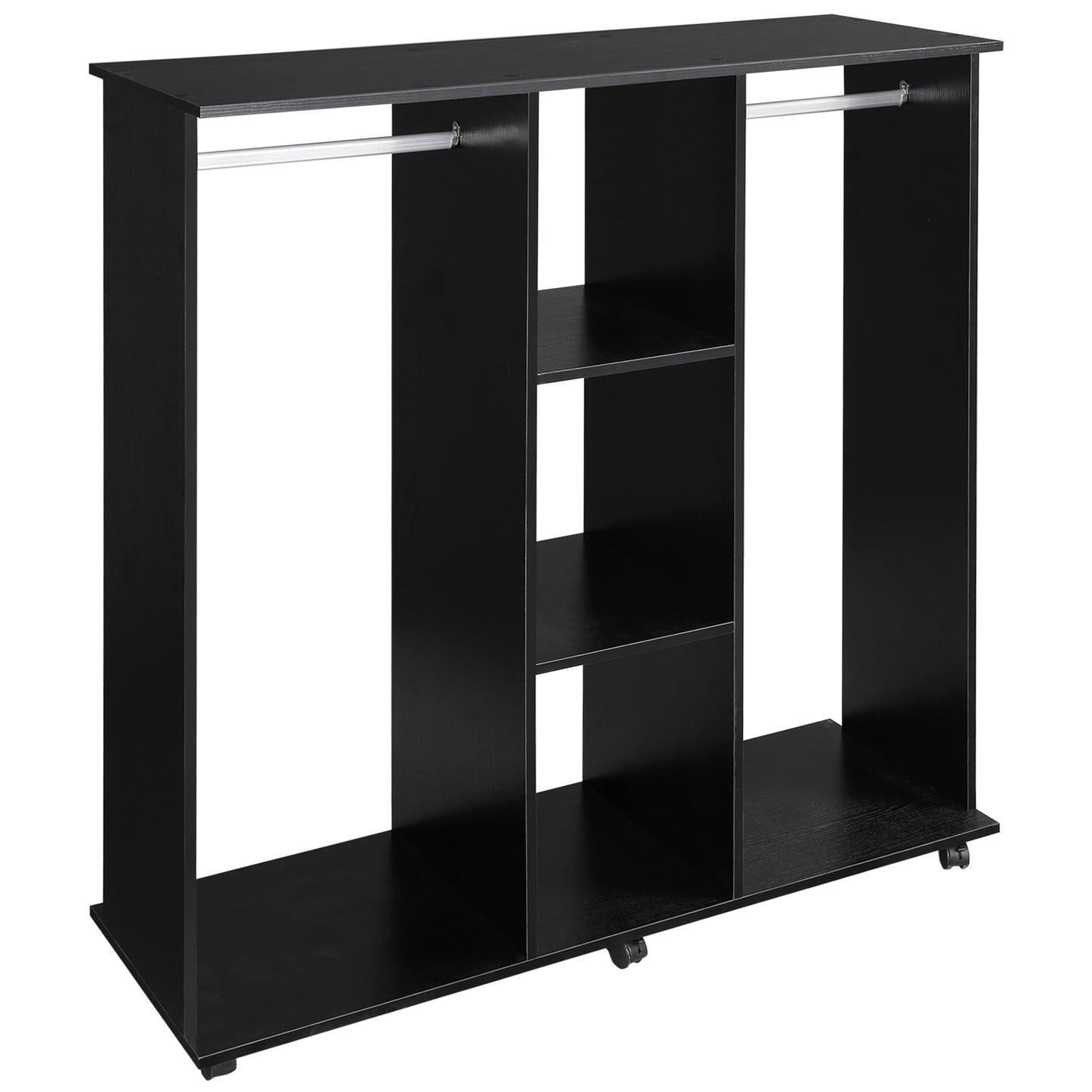 Photo of HOMCOM Open Wardrobe Double Mobile Storage Shelves Organizer W/6 Wheels-Black in Wheels-Black colour on a white background