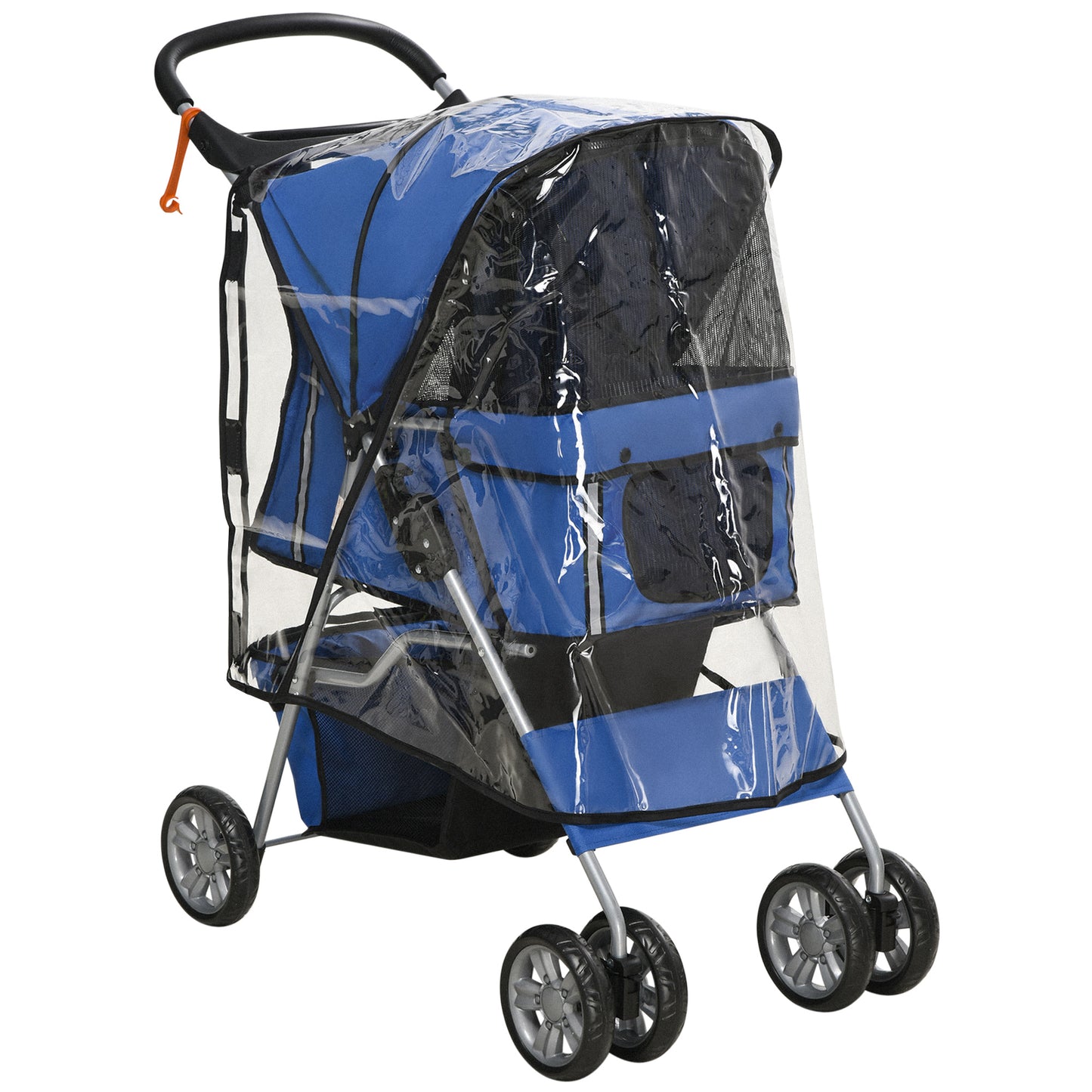Photo of PawHut Dog Stroller with Rain Cover for Small Miniature Dogs, Folding Pet Pram with Cup Holder, Storage Basket, Reflective Strips, Blue in Blue colour on a white background