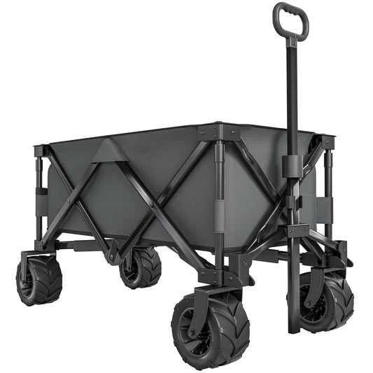 Photo of Outsunny Outdoor Pull Along Cart Folding Cargo Wagon Trailer Trolley for Beach Garden with Handle, Anti-Slip Wheel - Dark Grey in Grey colour on a white background