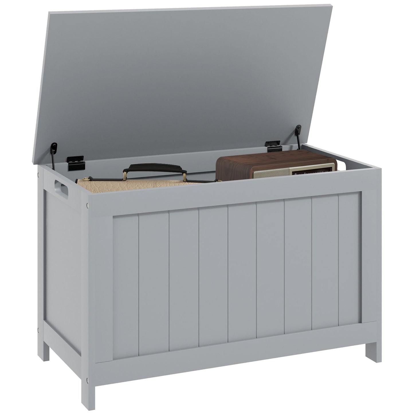Photo of HOMCOM Storage Chest, Modern Storage Trunk with 2 Safety Hinges and Cut-out Handles, Wooden Toy Box for Living Room, Entryway, 76 x 40 x 48 cm, Grey in Grey colour on a white background