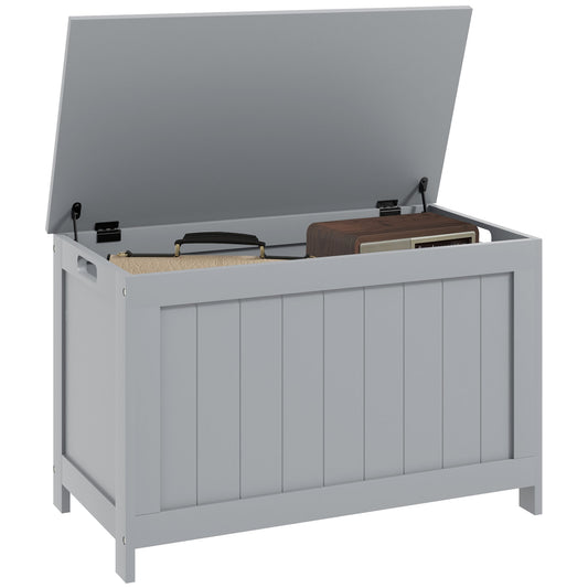 Photo of HOMCOM Storage Chest, Modern Storage Trunk with 2 Safety Hinges and Cut-out Handles, Wooden Toy Box for Living Room, Entryway, 76 x 40 x 48 cm, Grey in Grey colour on a white background
