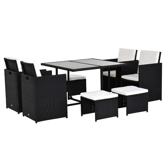 Photo of Outsunny 9 Piece Rattan Cube Garden Furniture Dining Set with Armchairs, Footstools and Glass-Top Table, Black in Black colour on a white background