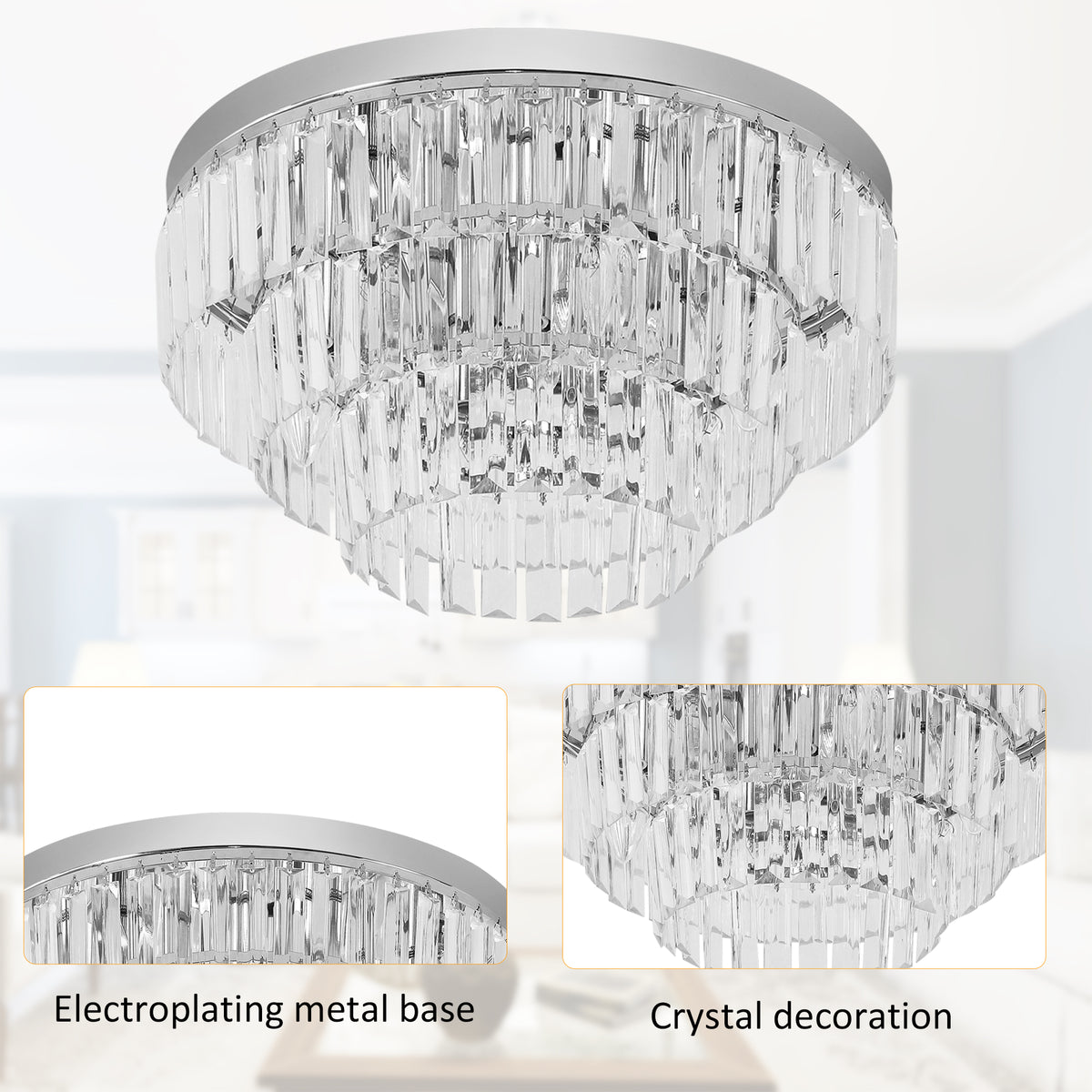 Crystal ceiling chandelier with an electroplated metal base and faceted crystal decorations